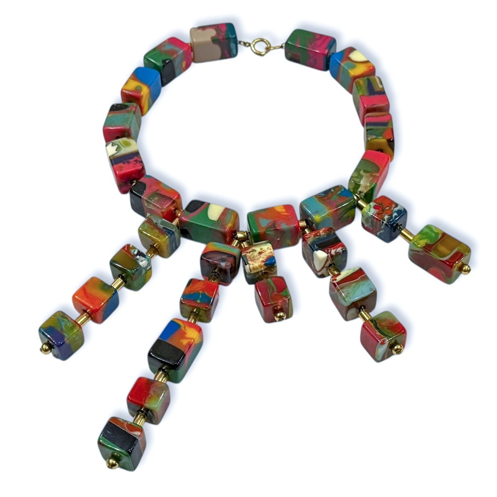 Unique Resin Necklace Beaded with Colorful Square Cube Chunks - Picture 2 of 16